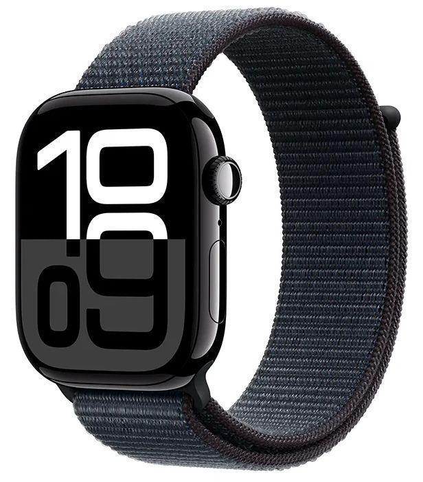 Apple Watch Series 10 (Cellular + GPS) - 64GB - 46mm - Jet Black Aluminum Case with Ink Rubber Sport Loop Band - One Size