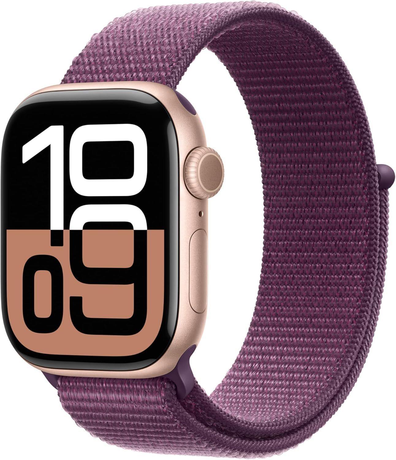 Apple Watch Series 10 (GPS) - 64GB - 46mm - Rose Gold Aluminum Case with Plum Rubber Sport Loop Band - One Size
