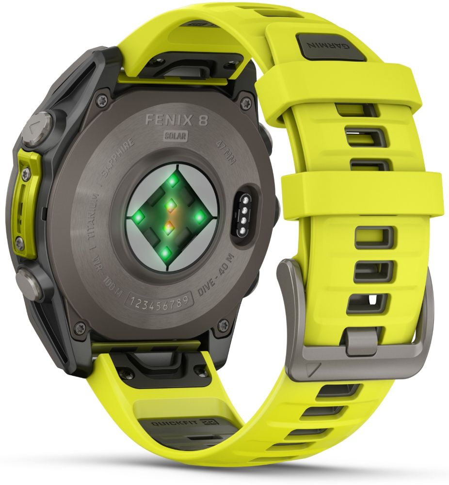 Garmin Fenix 8 Smartwatch - 32GB - 47mm - Titanium Solar Edition (Polymer) Case with Amp Yellow/Graphite Silicone Silicone Band