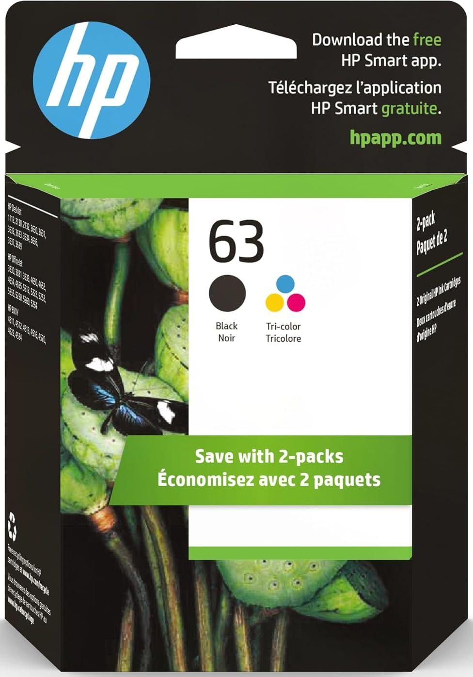 HP 63 Black/Tri-color Original Ink Cartridges L0R46AN (2-Pack)