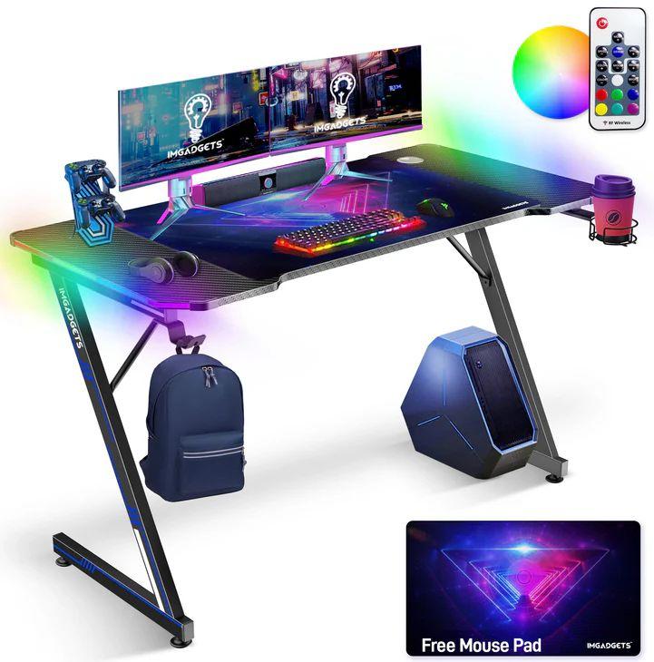 IMGadgets Z-Shaped Gaming Desk with Dynamic LED Lighting & Durable Mouse Pad
