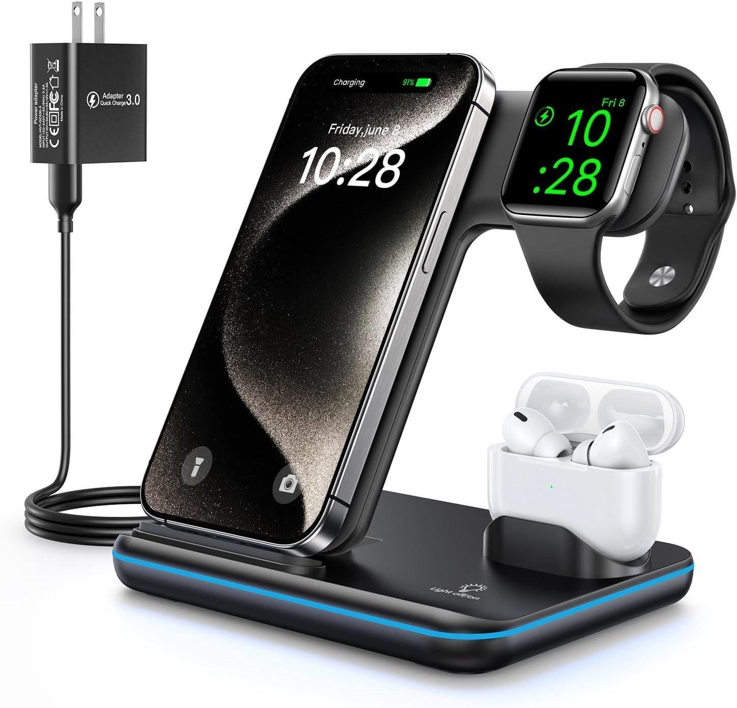 Refurbished WAITIEE Wireless Charger 3-in-1 15W Fast Charging Station - Reebelo Canada